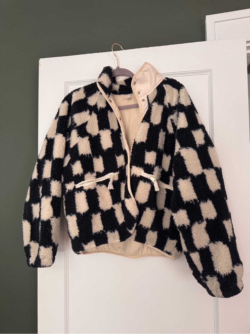 Free People Movement Hit The Slopes Black & Cream Checkerboard Sherpa Jacket